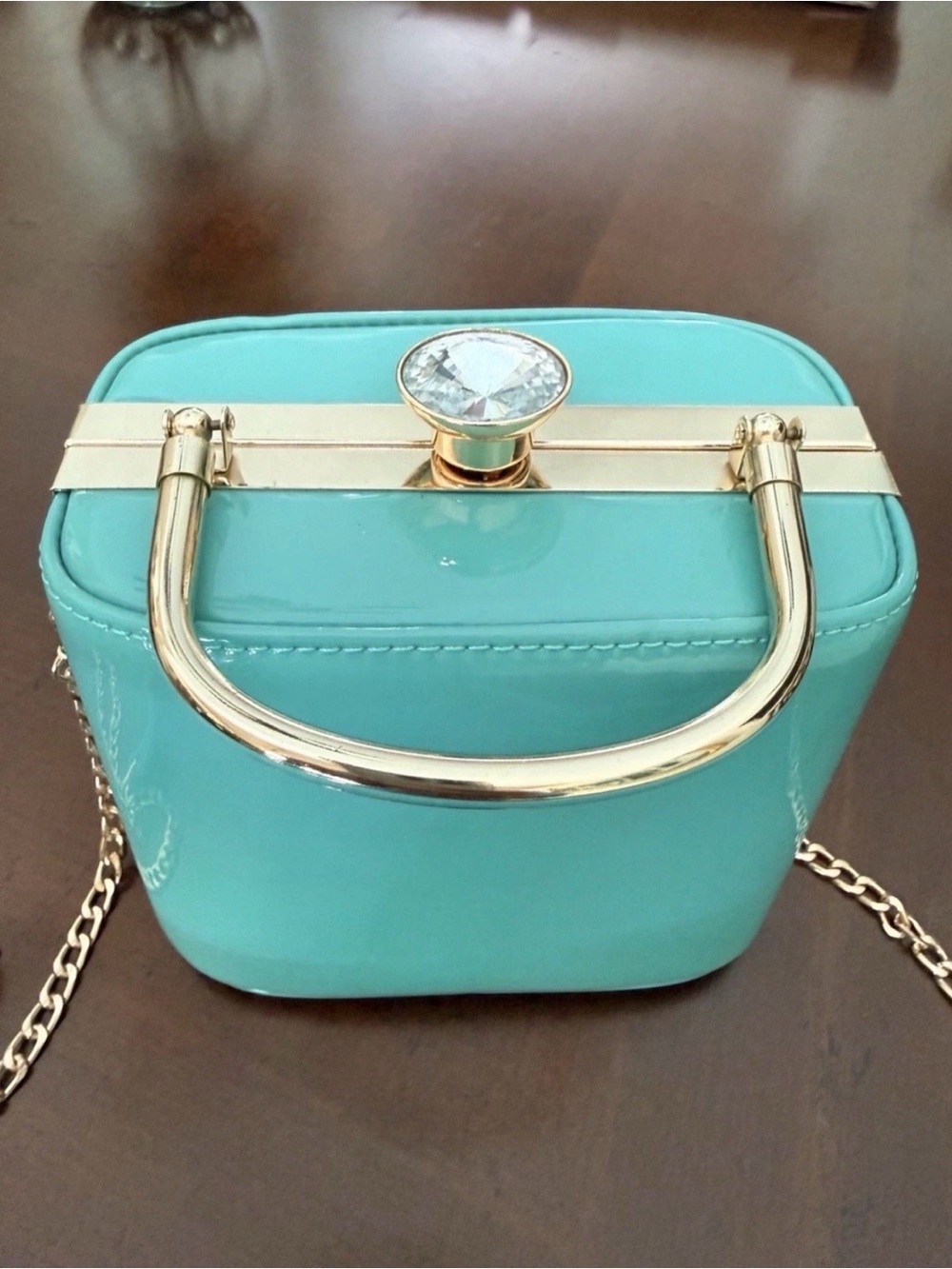 Gramercy & Grand Aqua Patent Jeweled Clasp Box Handbag Crossbody